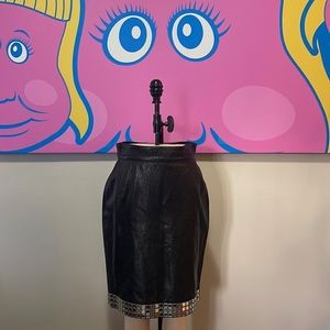 Moschino Black Leather Pencil Skirt Mirror Studs 1980s